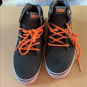 Dark Grey High Top Vans with Orange Laces